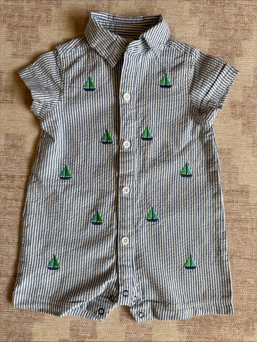 Little Me Seersucker Navy and White Striped Romper Embroidered Sailboats size 6M